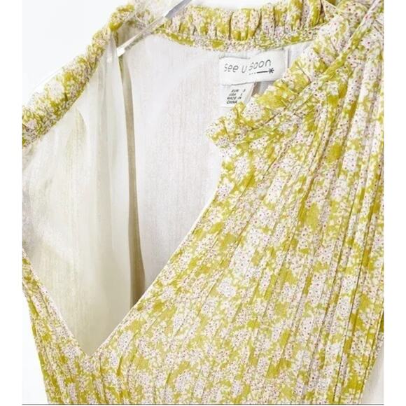 Anthropologie See U Soon Yellow floral pleated lined dress Size Medium *f6 - Picture 5 of 5